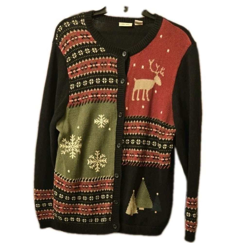 Vintage Cherokee Knit Sweater Womens XL Holiday Nature Christmas Patchwork Print